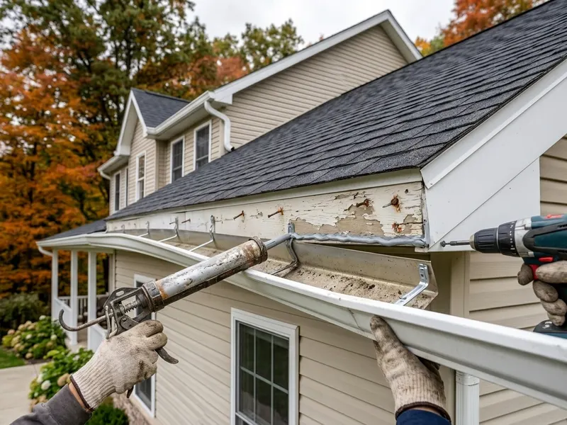 Sagging residential gutter section being re-hung and re-sealed