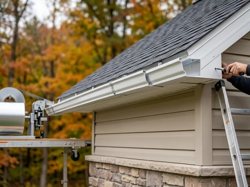 Seamless aluminum gutter run installed along a residential eave in North-Central West Virginia